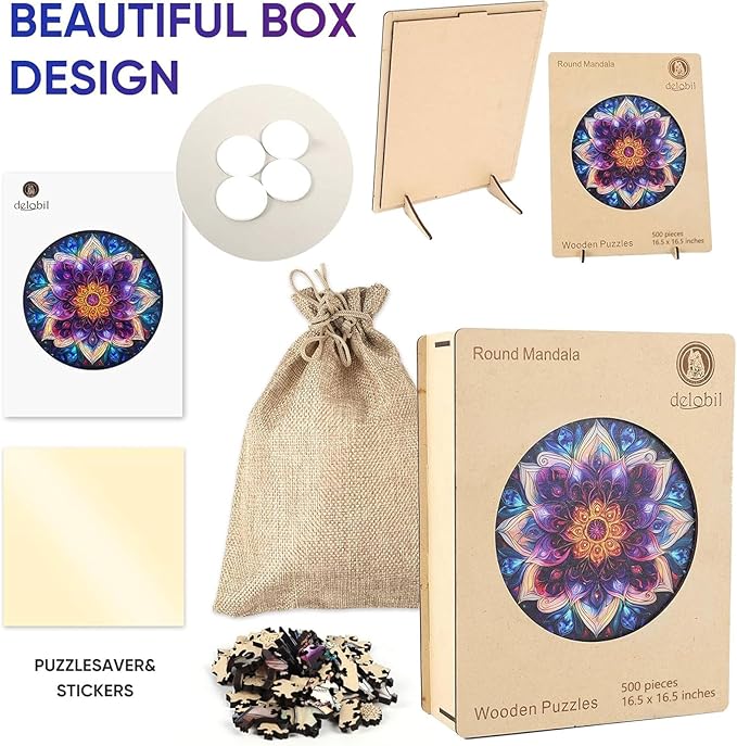 Delobil Puzzles for Adults 500 Pieces, 5MM Thick Colorful Mandala Flower Wooden Puzzles, Geometric Art Blue Round Jigsaw Puzzles for Adults and Kids, Family Game Gift Puzzle 16.5 * 16.5Inch