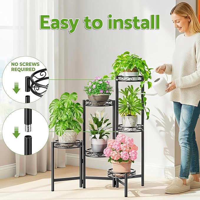 NQW Plant Stand Indoor Outdoor, 6 Tier Metal Flower Shelf for Multiple Plants Corner Tall Floding Flower Holders for Patio Garden Living Room Balcony Bedroom - BlackCircle