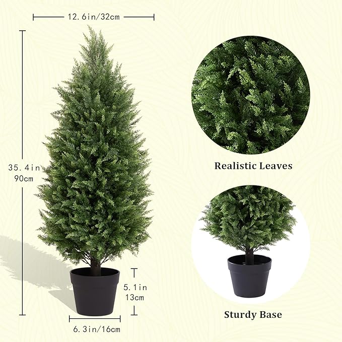 Azoco 3ft Faux Cedar Topiary Trees Artificial Outdoor, Set of 2 – UV Resistant Large Fake Potted Plants for Front Porch Outside Planter Christmas Decor 3 Feet Tall