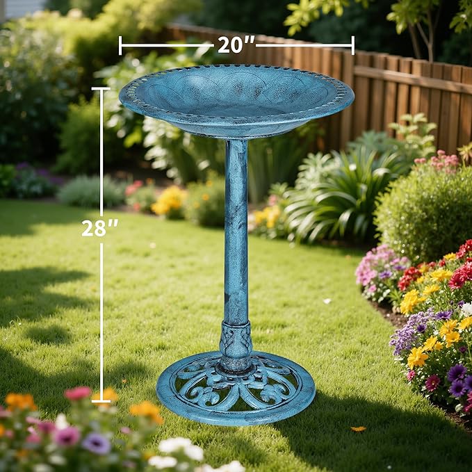 VECELO 28" Pedestal Outdoor Bird Bath with Solar Powered Fountain for Outside, Vintage Bronze Polyresin Lightweight Antique, Yard/Garden Decoration, Blue