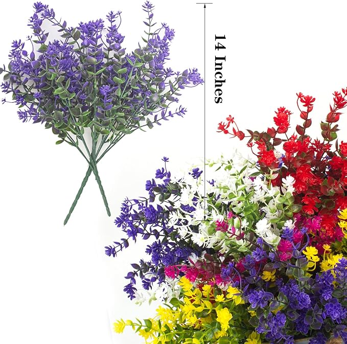 Grunyia Artificial Flowers, 12 Bundles Outdoor Fake Flowers for Decoration UV Resistant Faux Plastic Plants Garden Porch Window Box Décor