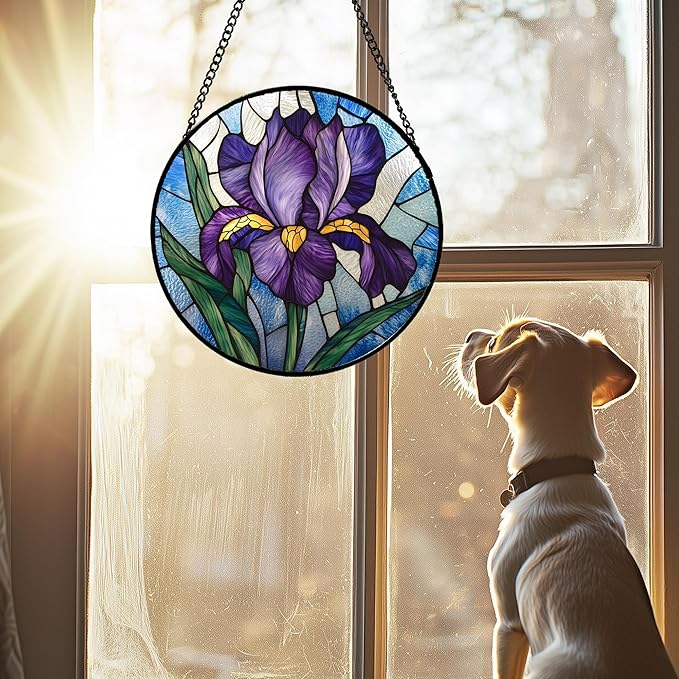 HWRHTR Stained Glass Window Hanging - Iris Birth Flower Suncatcher for Doors Garden Yard Purple Blue Sun Catchers Decor Christmas Mother's Day Birthday Gifts for Teacher Women Mom Nana 7.8 in