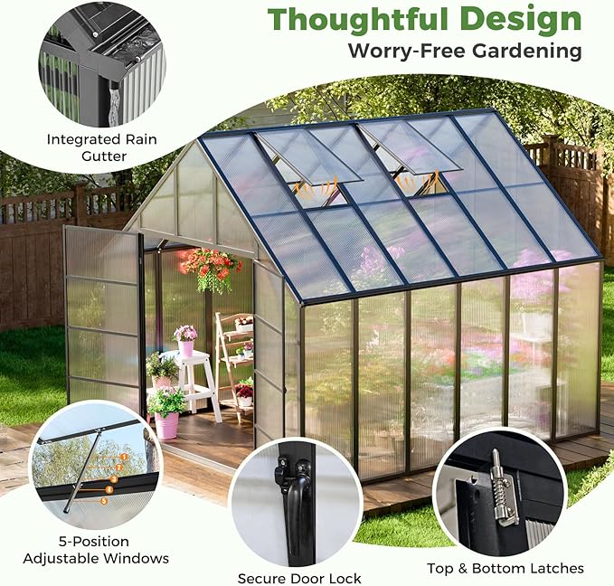 WACASA 12x10x10 FT Greenhouse for Outdoors, Easy Assembly Aluminum Frame Polycarbonate Greenhouse Kit with 2 Vent Windows, Swing Door, Walk-in Sunroom for Backyard Garden