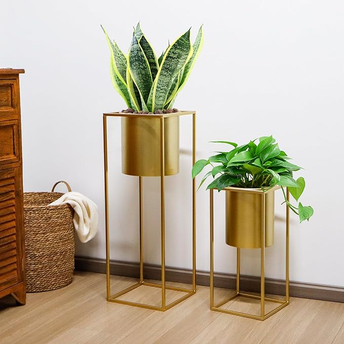 TRIROCKS Set of 2 Large Planters with Stand Gold Planter for Indoor Plants 28 &18" H Morden Plant Pots for Living Room Corner Kitchen Office Garden Balcony Patio Decor(Gold)