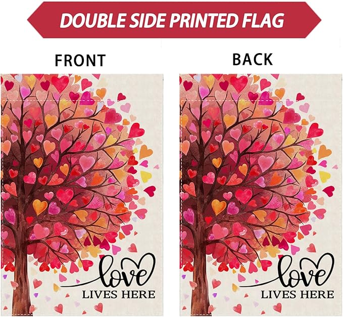 Love Lives Here Love Heart Shaped Tree Valentine’s Day House Flag large 28X40 Inch Big Vertical Double Sided Yard Outdoor Outside Holiday Decoration