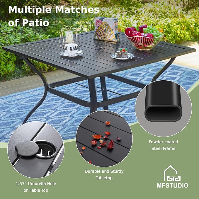 MFSTUDIO Patio Table and Chairs Set, 5 PCS Patio Dining Set with 4 Sling Dining Chairs and 1 Square Heavy Duty Metal Table for 4, All Weather Resistant Patio Dining Furniture, Grey