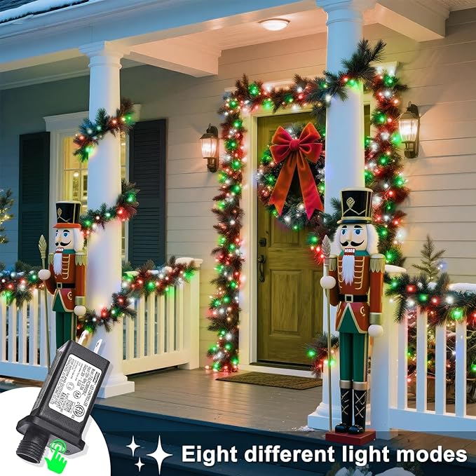 120 LED Christmas Lights Outdoor, 8 Modes Plug in Waterproof Twinkle Fairy String Lights for Tree Christmas Halloween Decorations, Red White&Green