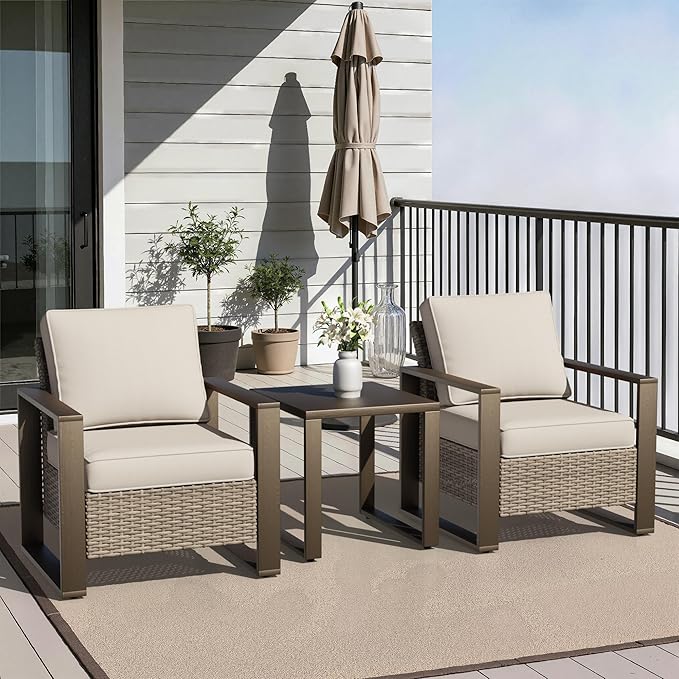 Joyside Outdoor Patio Chairs, 3 Pieces Wicker Rattan Furniture Set, 2 Patio Chairs and 1 Table, Metal Wide Armrest, Thick Cushions and Deep Seating for Garden, Backyard, Porch, Deck