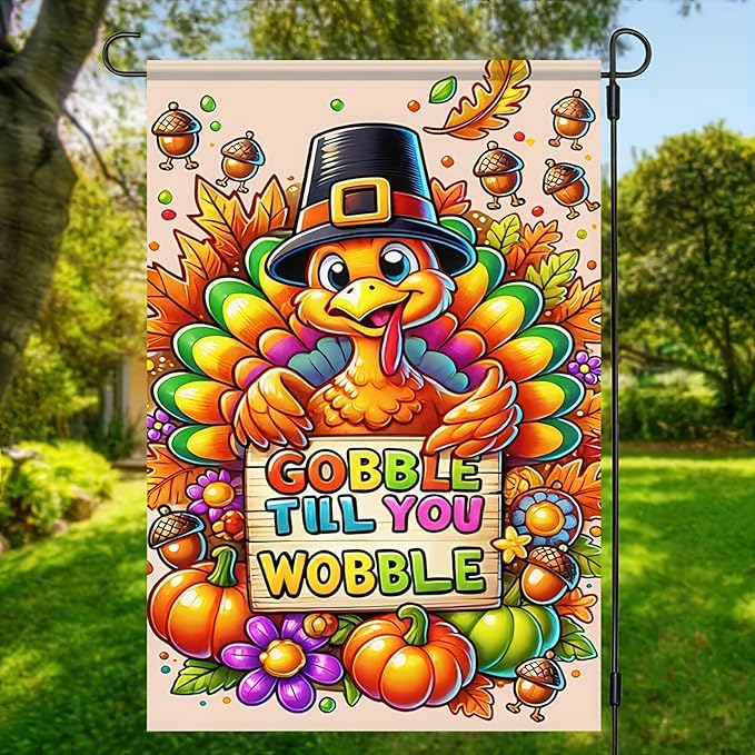 Happy Thanksgiving Garden Flag 12 x 18 Thankful Harvest Holiday Thanksgiving Gobble Turkey Garden Flag Decorative Fall Autumn Pumpkin Flag Outdoor Decorative House Turkey Banner