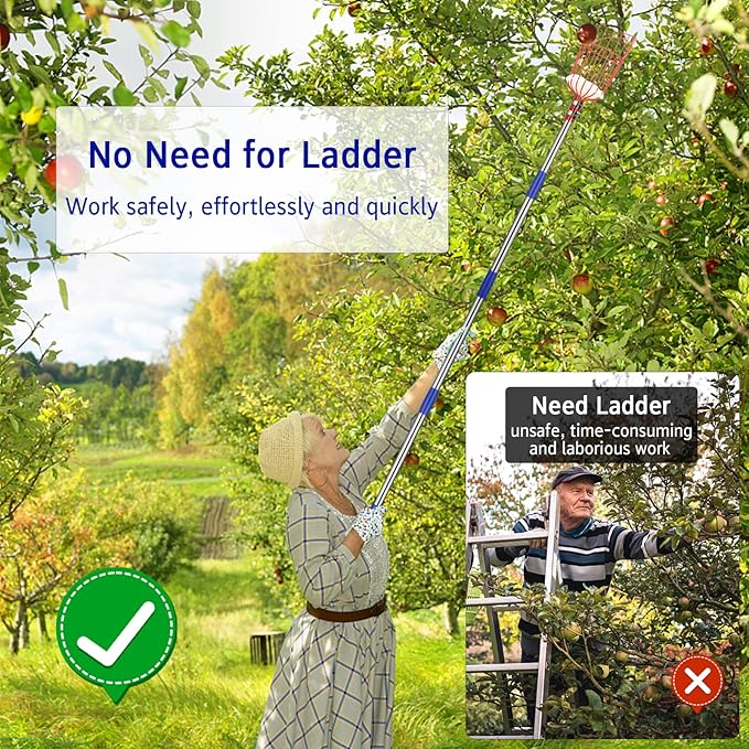 BsBsBest Fruit Picker Pole with Basket - 8 Foot Adjustable Height Fruit Picker Tool with Stainless Steel Fruit Picking Pole for Apple Cherry Berry Fit Orange Blueberry Mango Avocado Lemon Peach