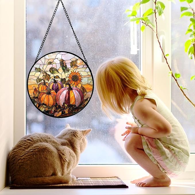 DASTOLL Stained Glass Window Hanging, Pumpkin Sunflower Suncatcher Diamond Glass Panel Sun Catchers Decor for Birthday for Women, Men, Wife, Aunt, and Mom 6.3 in