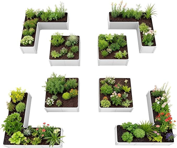 A ANLEOLIFE 8-Piece 18 Inch Tall Antique White Raised Garden Beds Kit, L-Shaped & Square Metal Planters – Ideal for Structured Backyard Layouts