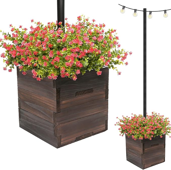Extra Large Decorative Wooden Planter w/ Universal Pole Support for String Light Poles,Umbrellas,Bird Feeders. Solid Wood Outdoor Garden Patio Box for Plants(Does not include Pole), 17"x17"x18", Brown