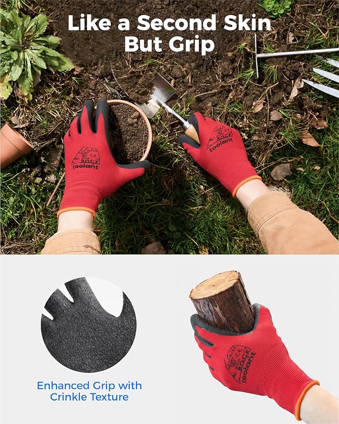 toolant Crinkle Latex Work Gloves Bulk, Rubber Coated Safety Work Gloves for Men and Women, 12 Pairs for Construction, Gardening, Warehouse (Black & Red, X-Large)