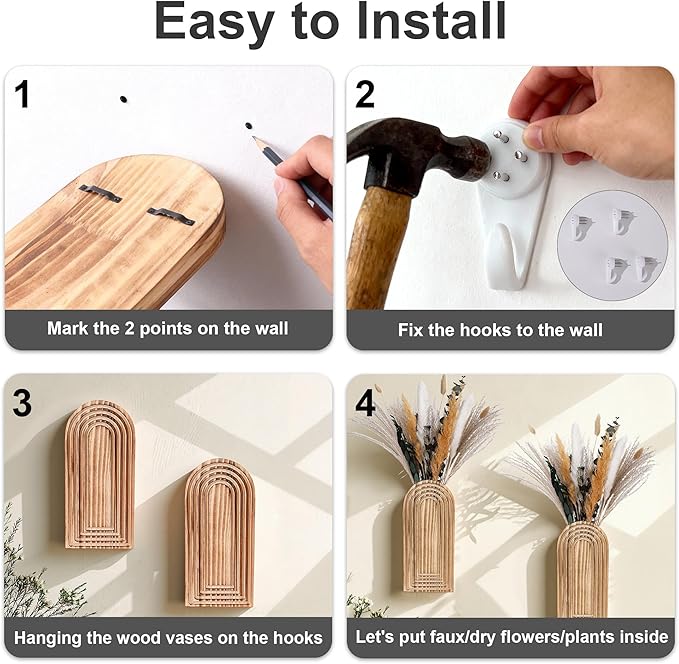 DREAMLOOM 2 Pack Wooden Wall Vases with Dried Pampas Grass and Eucalyptus Plants, Wall Hanging Planters Boho Modern Farmhouse Indoor for Narrow Spaces Entryway Bathroom Home Office Decoration, Black