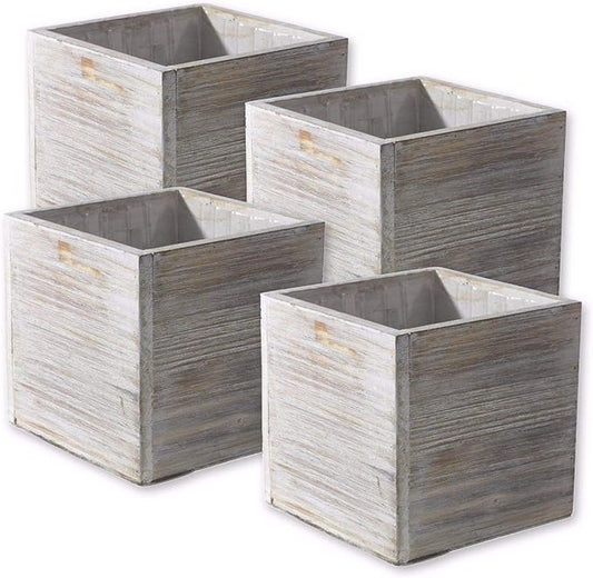 Wood Planter Box Set, Rustic Whitewash, Plastic Liners, 5 Inch Square Flower Holder, Natural Barn Wood Decor, Country Style, Home and Wedding Decorations, Garden Ornaments, (Beige Brown) (Set of 4)