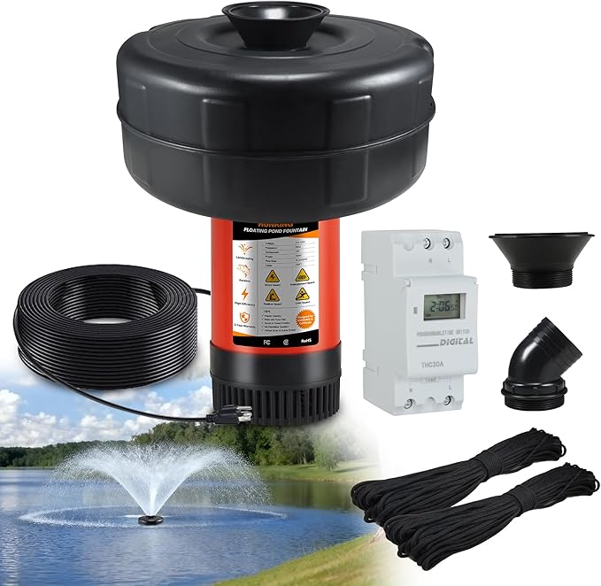 H1-1 Pond Fountain Aerator - 1HP 750W 16000 GPH Floating Aerating Pump with Timer, 120V/100FT Power Cord/2 Nozzles Outdoor Water Circulation Pump for Small Large Ponds, Lakes, Water Gardens