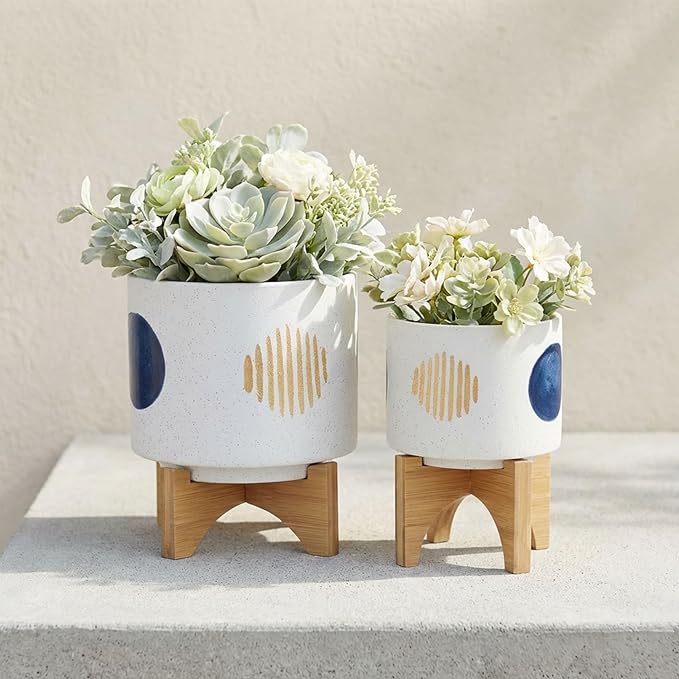 Ceramic Planter Set with Bamboo Stand – Plant Stand Indoor For Everyday Greenery, Living Room or Patio, Geometric Design Planter with Stand For Sculptural Home Decor Display – 11" 7", White