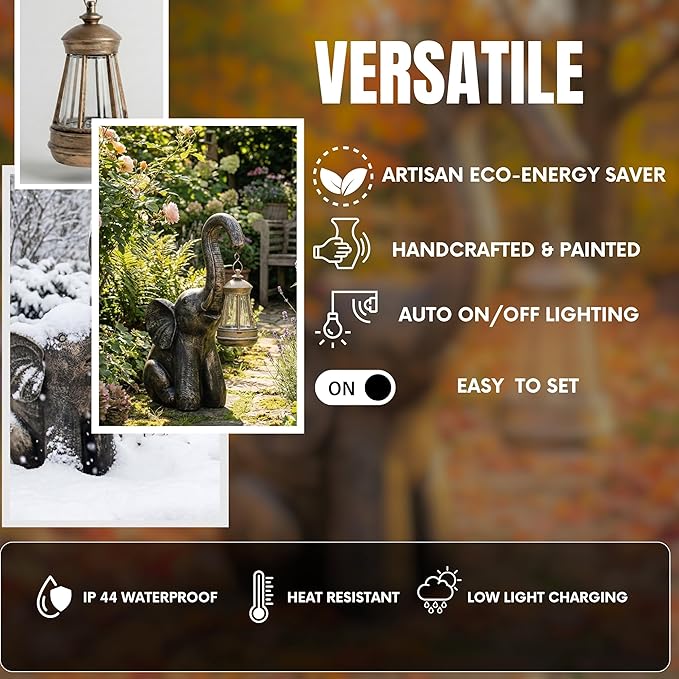 Solar Garden Statues Elephant with Solar Lantern, Lucky Waterproof Resin Outdoor Decorations for Patio Yard Lawn, Solar Light Ornament Gifts for Housewarming Mom Women