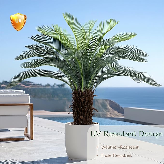 Bellacat 4ft UV Resistant Faux Sago Palm Tree with Natural & Lifelike Bark, 48in Super Full Artificial Cycad Tree with Realistic Leaves, for Home Office Patio Porch Front Door Decor.