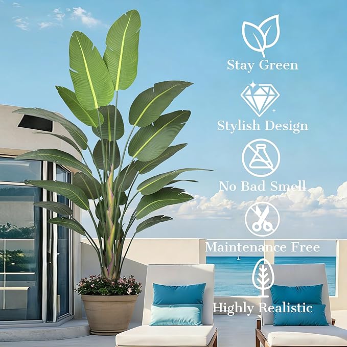 Bird of Paradise Artificial Plant 9FT, 108" Tall Artificial Plants Indoor with 25 Realistic Banana Leaves and Large Trunks, Faux Tropical Trees with Pot for Home Living Room Office Indoor Decor