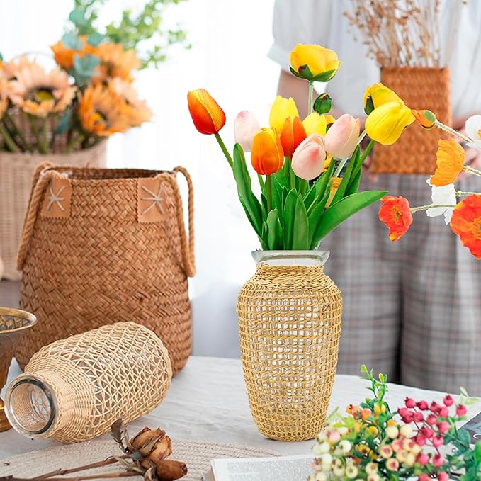 MDEOOSKY Straw Woven Glass Vase 7.9''x2.36''x3.5''Boho Glass Flower Vase Country Rustic Style Vase Glass Vase for Floral Arrangements Bottle Height (A Style 7.9IN)
