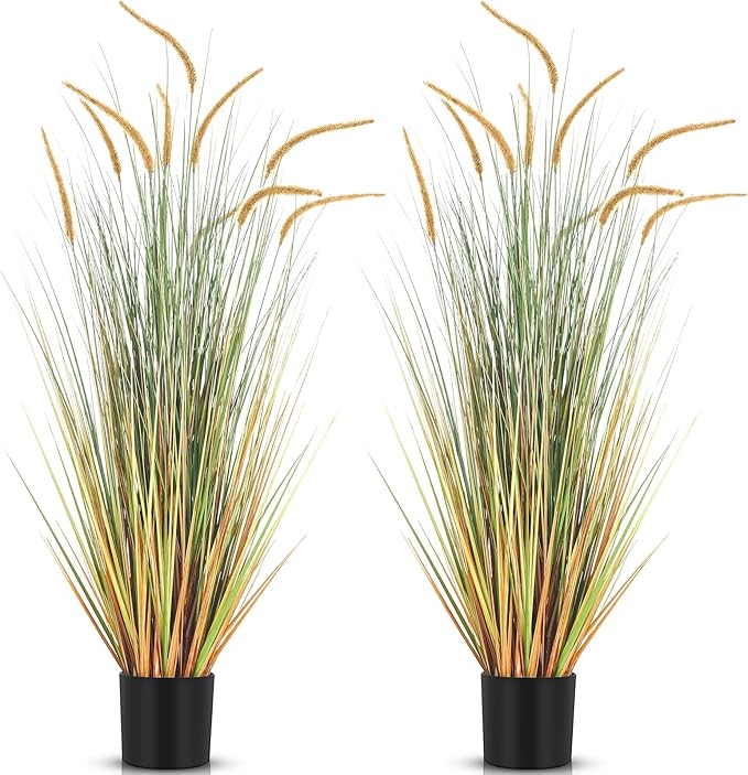 Jexine 2 Pieces Faux Plants Outdoor 4 ft Tall Artificial Grass Plant Potted Artificial Setaria Grass Faux Greenery Floor Plants for Housewarming Gift House Garden Lobby Outdoor (Autumn Green)