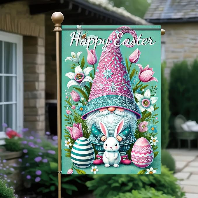 Happy Easter Garden Flag 12x18 Inch Double Sided Easter Gnome Bunny Floral Egg Design Small Outdoor Yard Flag Spring Easter Decor for Porch Lawn Patio Garden