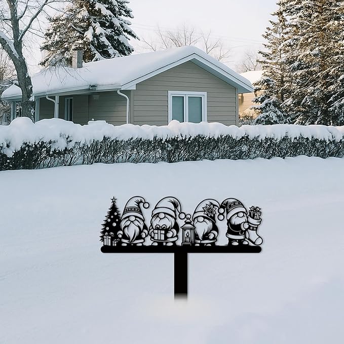 Magilab Personalized Iron Yard Stake - Christmas Cute Gnome Dwarves Decor, 8-Inch Black Metal Garden Sign for Outdoor (Style Q)