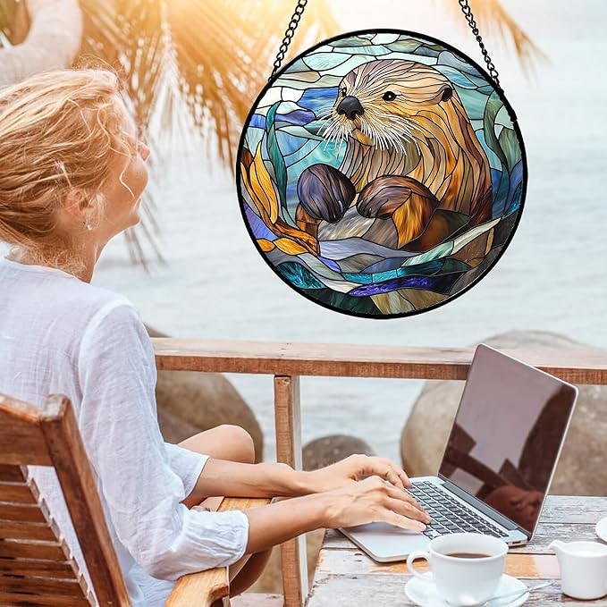 AMDERVEN Stained Glass Suncatcher, Blue Ocean Cute Sea Otter Sun Catcher Stain Glass Window Hanging Decoration Mother's Day Birthday Gifts for Women Men Mom Nana 15 in