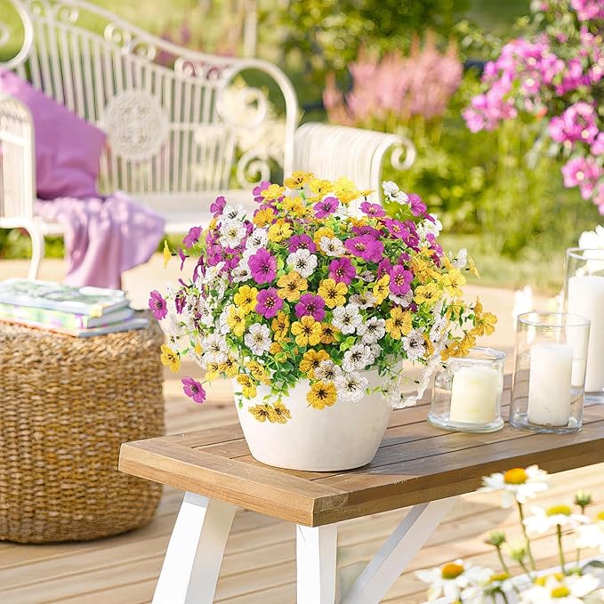 Artificial Spring Flowers Outdoors Faux Plants UV Resistant Plastic Flowers Outdoors Fake Greenery Plants Outside for Garden Porch Planters Silk Flowers Decor, 12 Bundles (Mix White Yellow Purple)