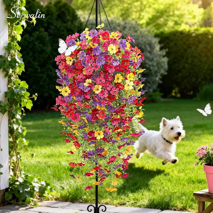 Serwalin 12PCS Artificial Fall Flowers for Outdoors Decoration, Realistic Silk Artificial Fall Hanging Flowers for Patio, Garden, Porch, Window, Outside (Spring Color,12PCS)