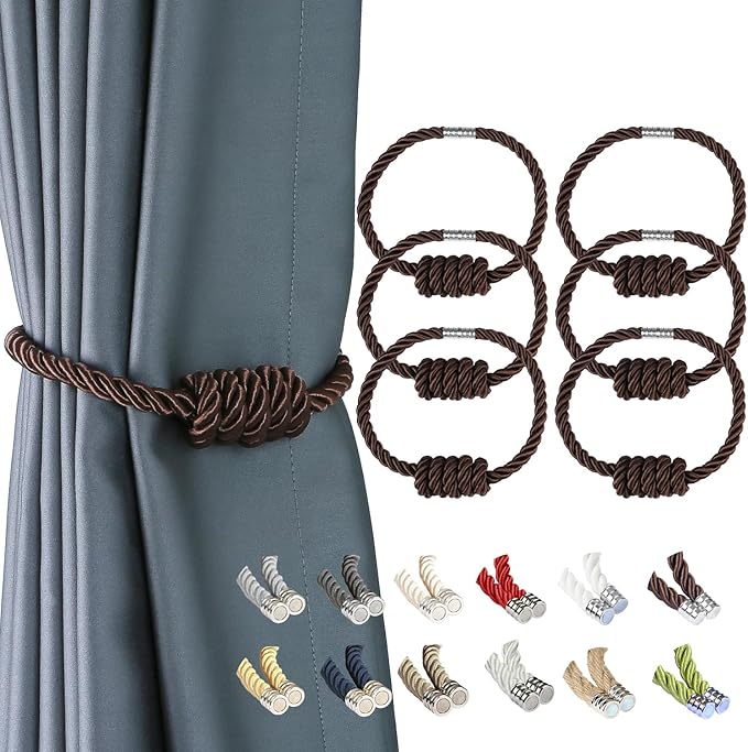 BEL AVENIR Magnetic Curtain Tiebacks, Decorative Drapery Holdbacks Modern Woven Tie-Backs with Exquisite Knot (Coffee, 6 Pack)