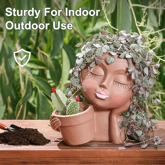 vomiceak Face Planter Pots Head Planters for Indoor Outdoor Plants - Double Plant Pots for Flower Succulent with Drainage Holes - Ideal Present Ideas(Black Lady)
