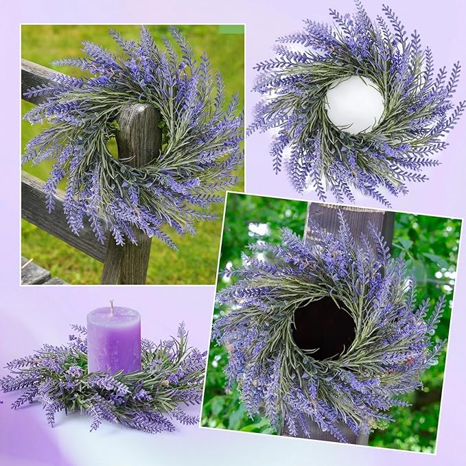 4 Pcs Lavender Candle Rings Wreaths Mini Purple Wreath Table Centerpieces 3 Inch Floral Wedding Ring Wreaths Pillar Lavender Candle Holder for Spring Summer Home Door Party Decoration