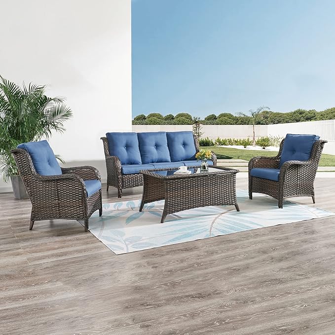 HUMMUH Outdoor Furniture 4 Pieces Patio Furniture Set Wicker Outdoor Sectional Sofa with 2 Patio Chairs,Coffee Table(Grey/Blue)