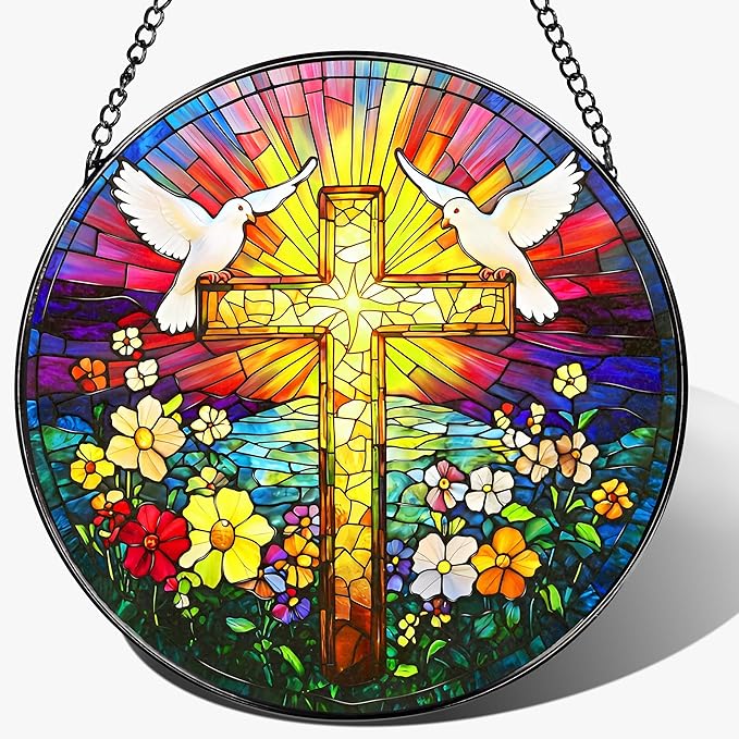 8'' Cross Stained Glass Ornament, Religious Suncatcher, Christian Window Hanging Decor, Easter Decor, Gifts for Christmas, Religious Gift, Christian Gift