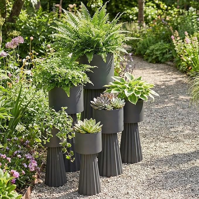 Wennzy Tall Round Flower Pots, Set of 3 Metal Planters for Indoor Outdoor Plants, Large Planter Pot, Planters for Garden Front Porch Patio, 22.83", 26.77", 29.72" H, Dark Gray