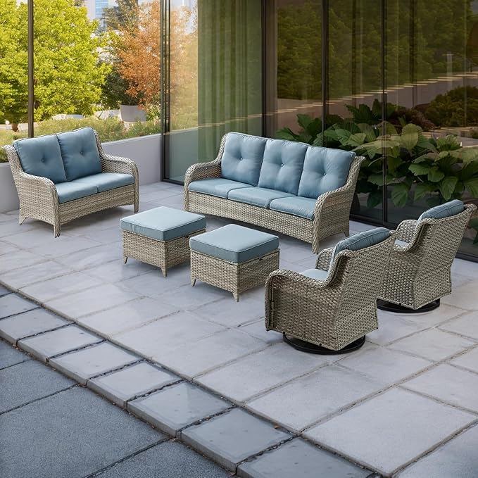 Rilyson Patio Furniture Swivel Chairs Set - 6 PC Wicker Rattan Outdoor Sectional Conversation Sets with 2 Rocking Chair,2 Ottoman,1 Sofa and 1 Loveseat for Porch Deck(Light Grey/Sky Blue)