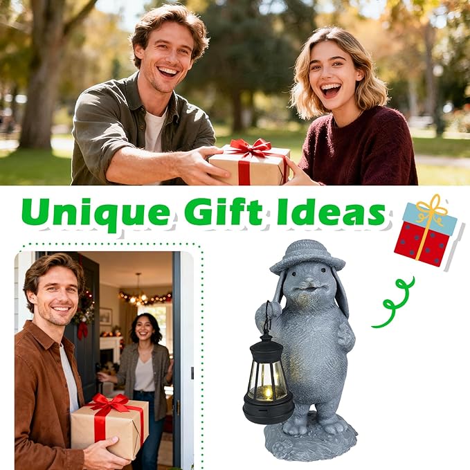 Solar Rabbit Garden Statue with Hanging Lantern - Funny Outdoor Bunny Figurine Easter Decor- Waterproof Resin Sculpture for Yard, Patio, Pathway - Unique Housewarming Gift for Women, Mom & Grandma