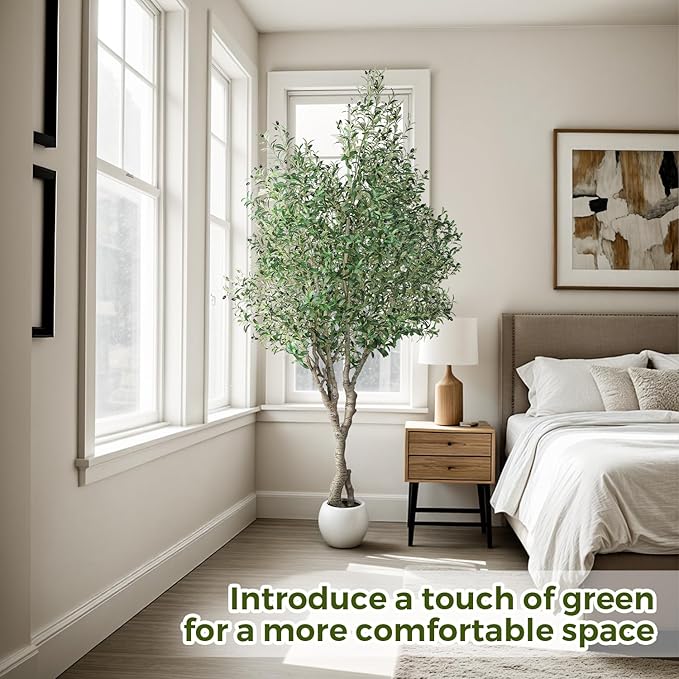 Jocoevol Artificial Olive Tree 8FT, Indoor Fake Silk Plant with Realistic Trunk, Leaves, Fruits and White Planter, Faux Potted Tree for Home Decor and Housewarming Gift, 1 Pack