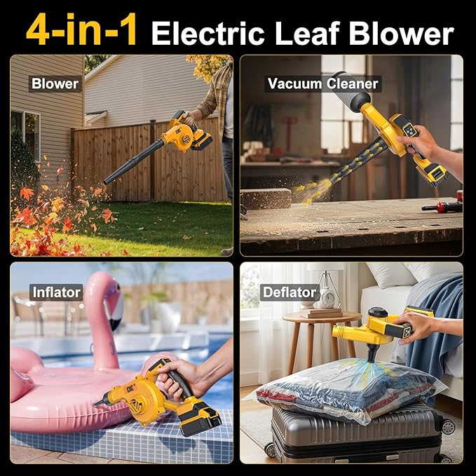 DeForce Electric Leaf Blower Cordless for Dewalt 20V Max Battery, 2026 Upgraded 4 in 1 Blower/Vacuum/Inflator/Deflator, 3 Speed Modes,190 MPH/280CFM, Extended Tube for Leaves, Dust, Lawn(No Battery)
