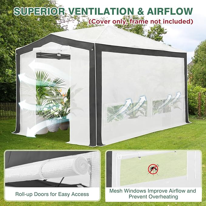 EAGLE PEAK Replacement Cover for 12x8 Pop up Greenhouse with Polyester Reinforced Corners, Front and Rear Roll-Up Zipper Entry Doors and 4 Roll-Up Side Windows (Frame Not Included), Gray/White