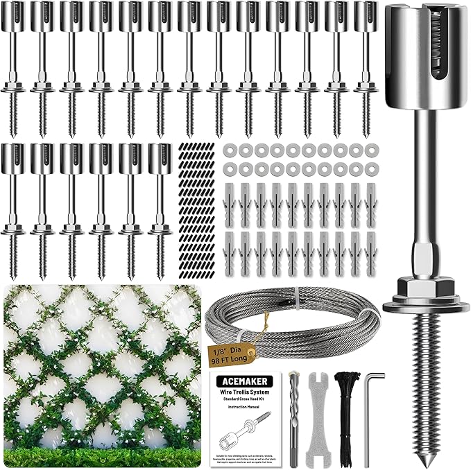 Acemaker Wire Trellis for Climbing Plants Outdoor, 20-Set Wall Wire Trellis Kit with 1/8in x 98ft Stainless Steel Cable, T316 Espalier System for Fence and Garden DIY Projects