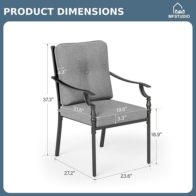 MFSTUDIO Outdoor Patio Dining Chairs Set of 6, Heavy-Duty Patio Chairs with Cushions, Wrought Iron Deck Chairs for Outside, Backyard, Garden