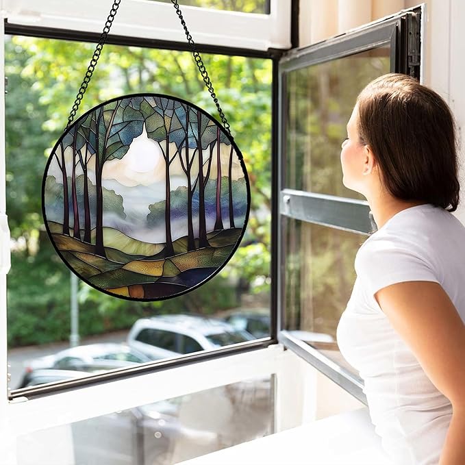 DASTOLL Stained Glass Window Hanging, Green Brown Smoke Forest Moon Suncatcher for Doors Window Home Tree Sun Catchers Decor Mother's Day Birthday Gifts for Women, Men Mom 15 in