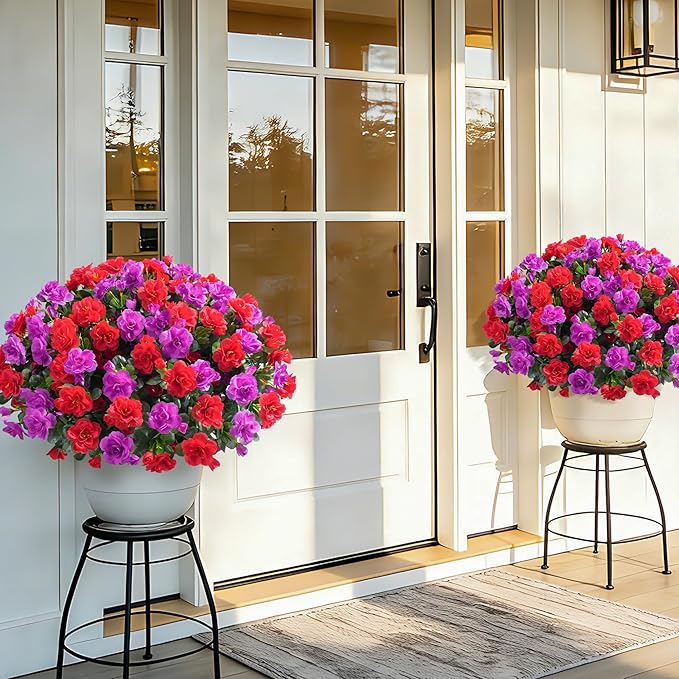 Artificial Fake Outdoor Flowers Plants, Faux Silk Camellia Bundles UV Resistant No Fade Realistic for Planter Pot Outside Porch Patio Balcony Garden Yard Home Decor, 3 Large Bundles (Red +Fuchsia)
