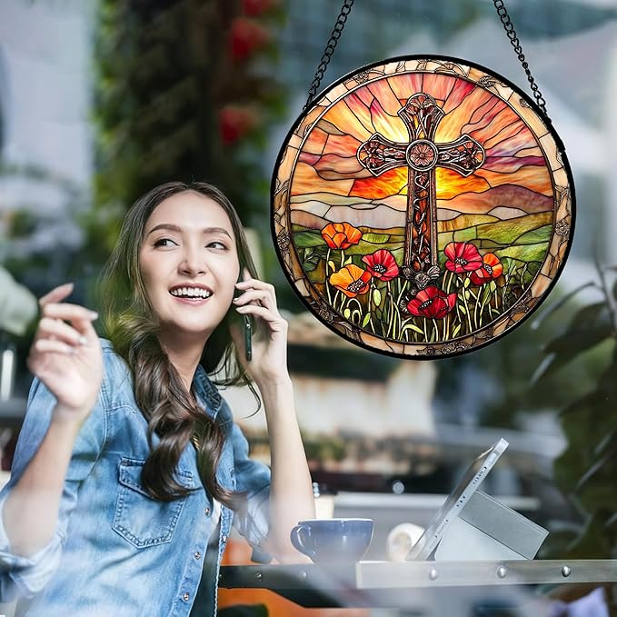 JOSUMALY Christian Gifts for Women - Cross Stained Glass Window Hanging Jesus Easter Poppy Sunset Landscape Sun Catcher Garden Religion Decor Mother's Day Catholic Gift for Men Grandma Mom Her 6.3"