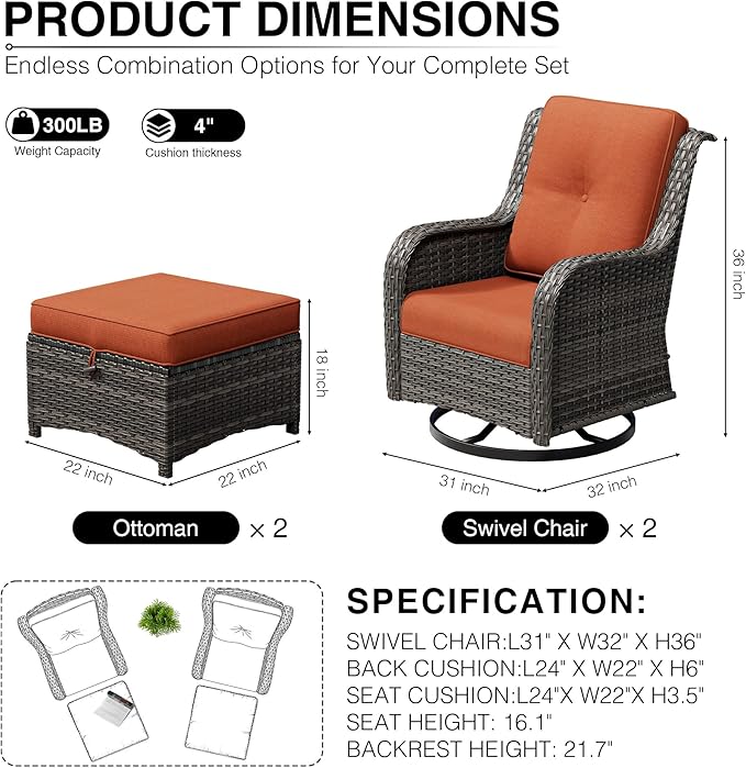 Joyside 4 Piece Wicker Patio Furniture Set, Outdoor Swivel Rocker Patio Chairs with High Back, Deep Seating, Wide Armrest, Thickened Cushions, Outdoor Furniture for Deck, Porch Use