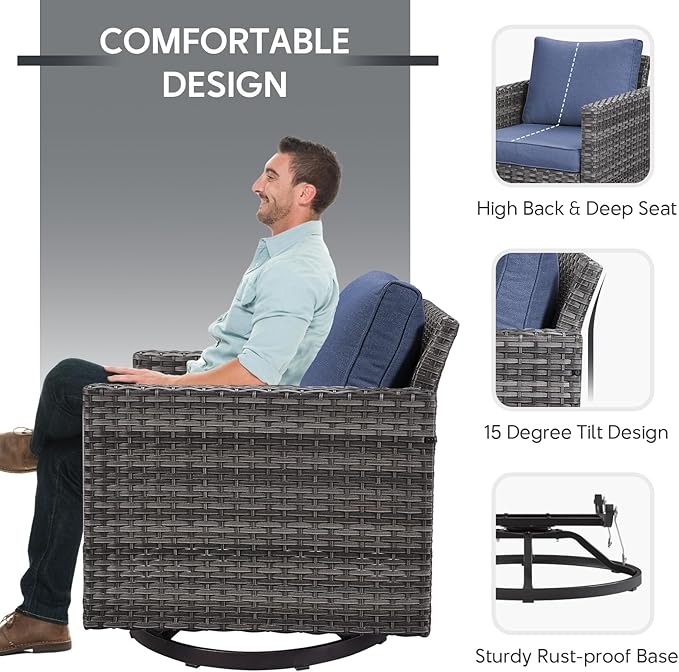 Belord Outdoor Sectional Furniture with Swivel Rocker Chair, 10 Pieces Wicker Patio Furniture Sets with Ottoman L Shaped Sofa Coffee Table Blue Cushion